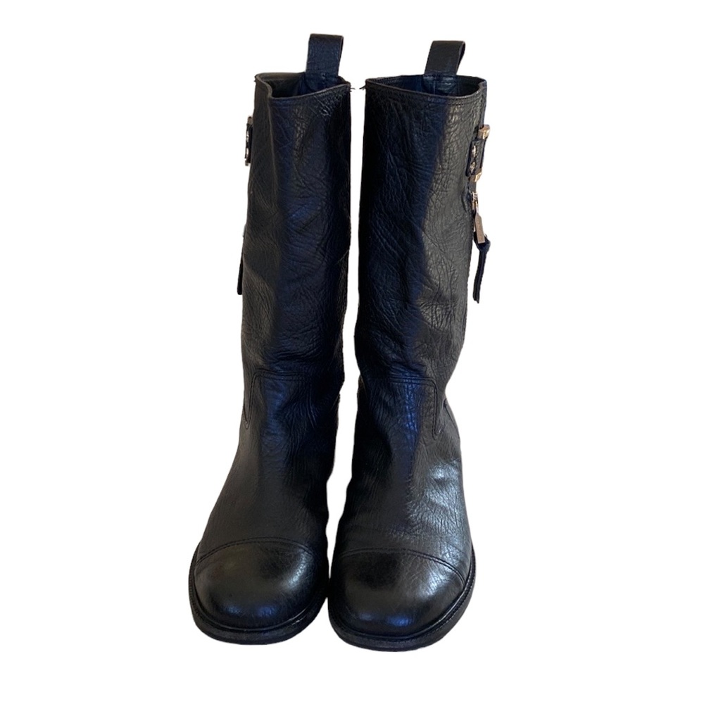 Tory Burch Pebbled Black Leather STOWE Moto Boots With Gold Detail Womens Sz 10M